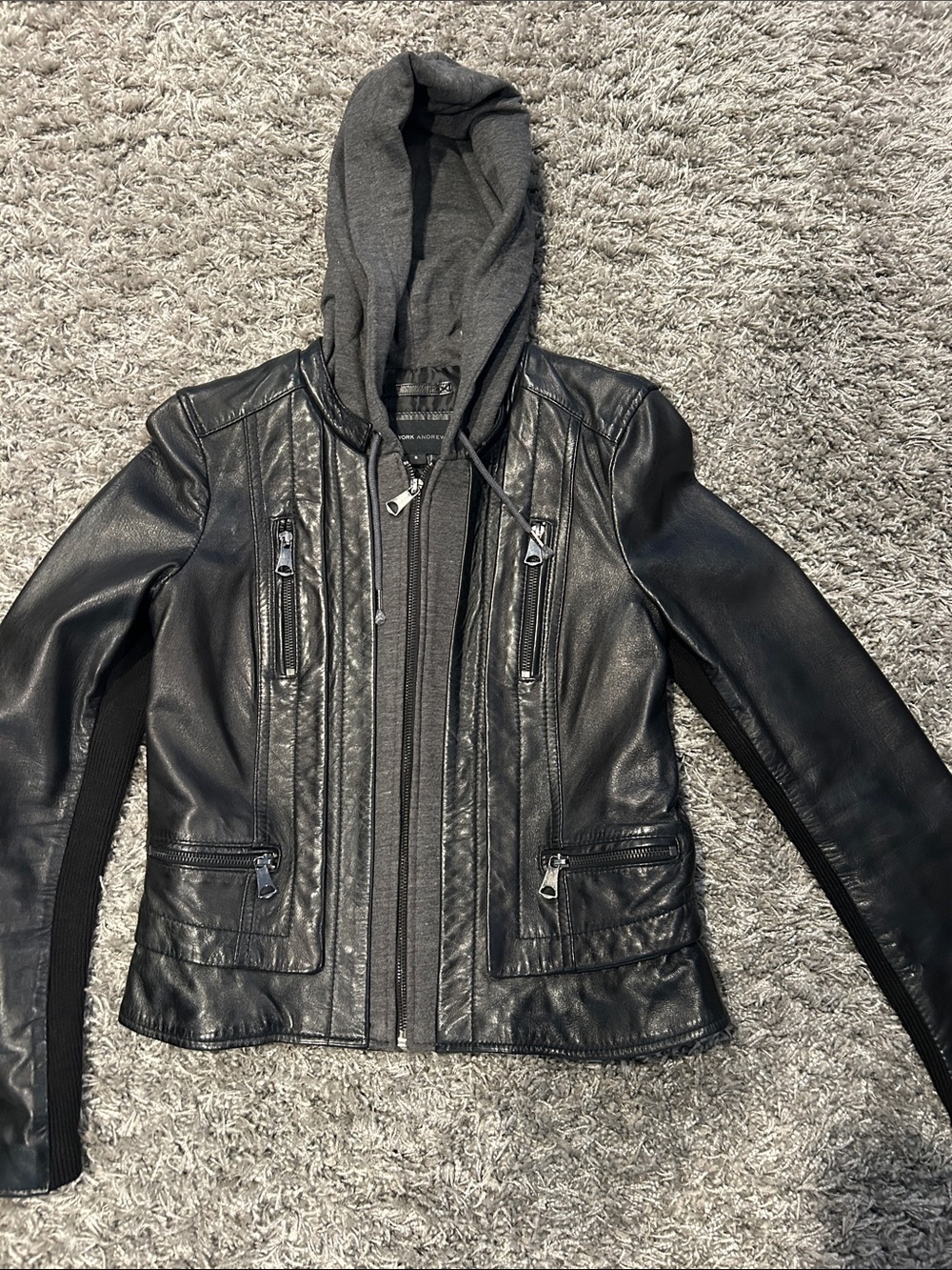 Marc New York by Andrew Marc Black Leather Moto Jacket Hooded Layered Biker Moto